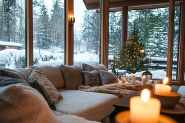 Fototapeta premium Cozy Living Room with Window View of Snowy Forest and Christmas Tree
