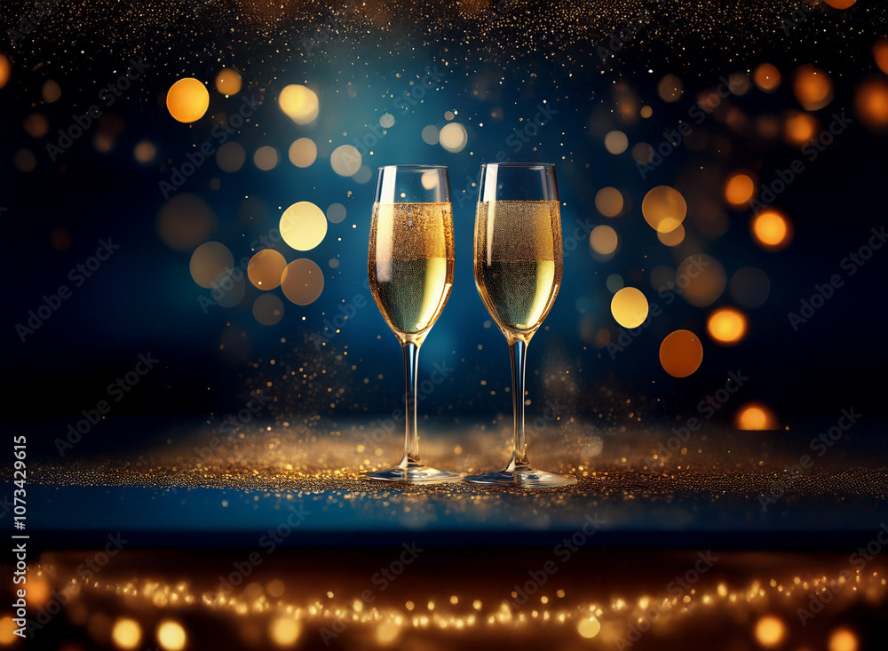 Poster two champagne flutes filled with bubbly sit on a surface covered with sparkling gold against a dark 
