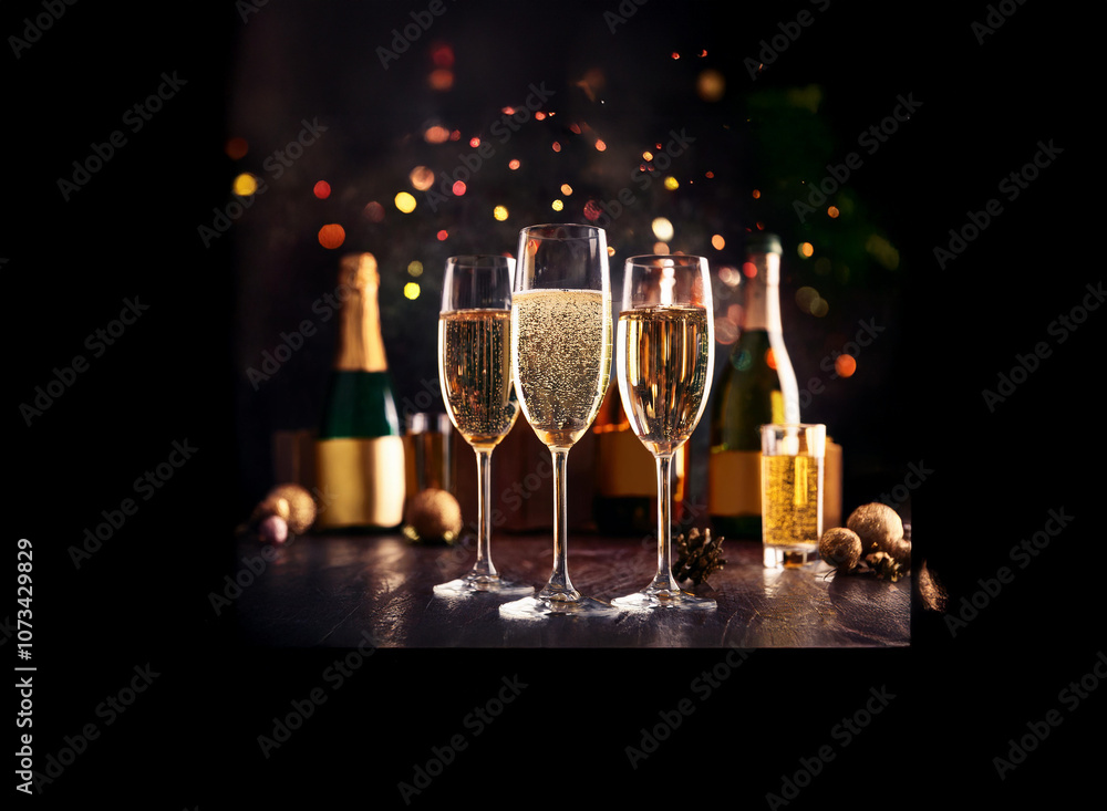 Poster four champagne flutes filled with sparkling wine on a wooden table with two bottles of champagne in 