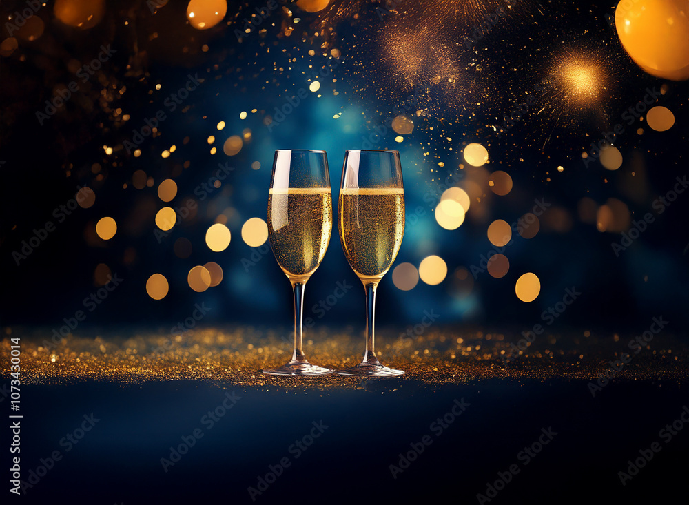 Poster two champagne flutes filled with bubbly stand on a table covered in gold glitter against a dark blue