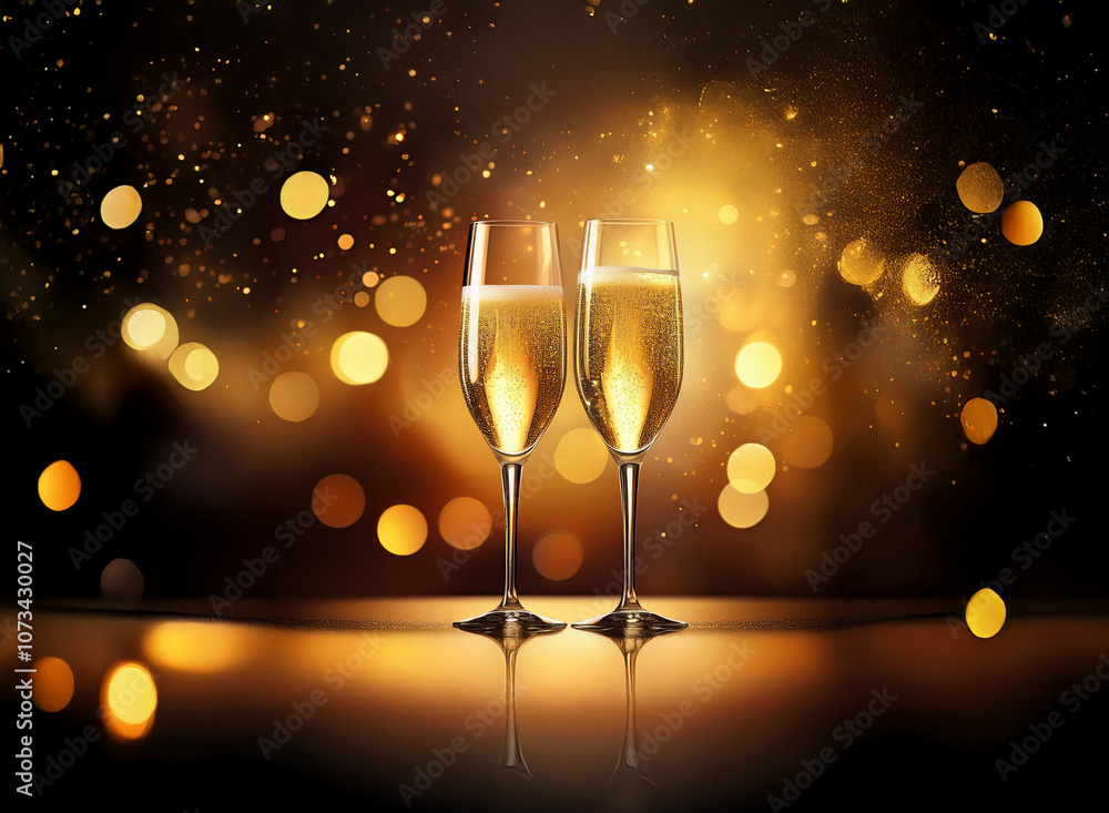 Poster Two champagne flutes filled to the brim with bubbly stand against a backdrop of sparkling golden lights.