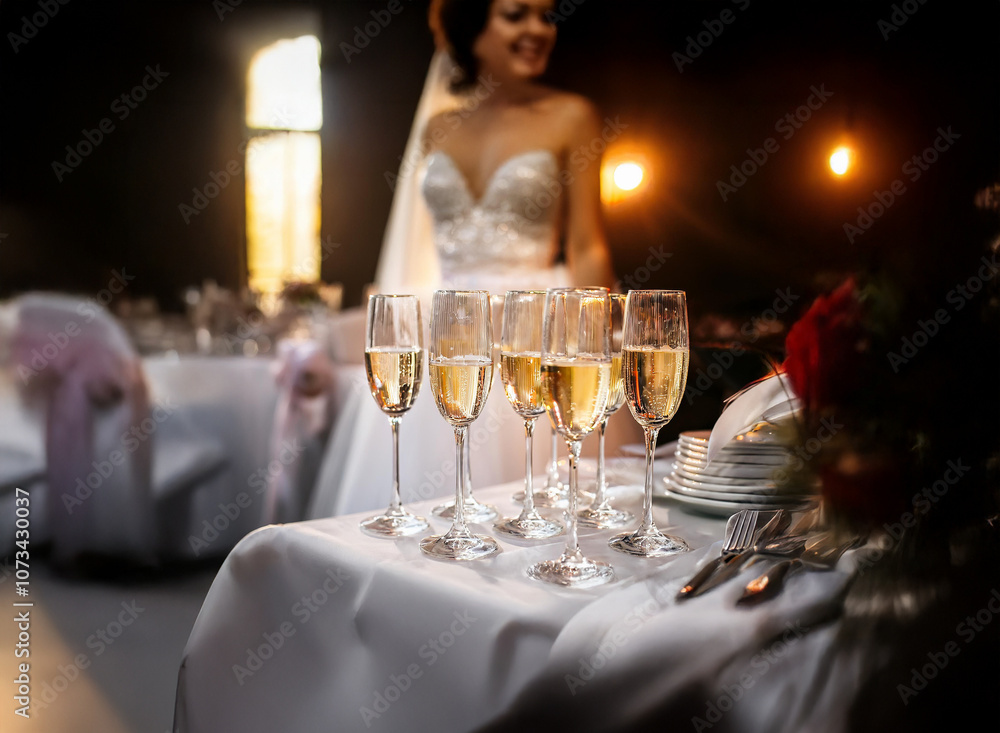 Aufkleber A table set for a wedding reception with champagne flutes in the foreground and a bride in the background.