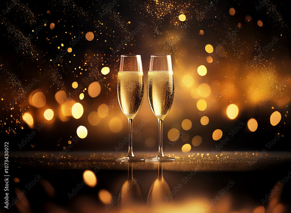 Poster two champagne flutes filled with sparkling wine sit on a table with a blurred background of golden l