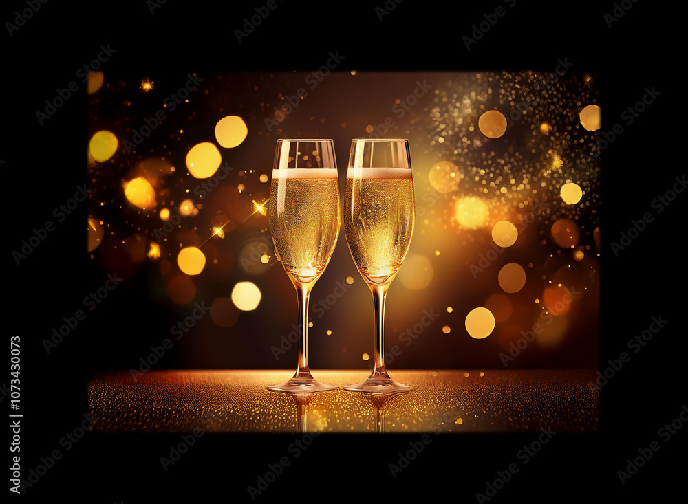 Poster two champagne flutes filled with sparkling golden liquid, resting on a shimmering surface against a 