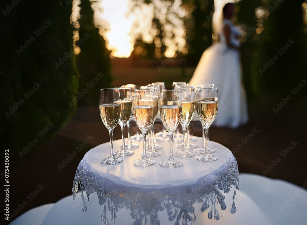 Poster a close-up shot of champagne glasses on a table with a white tablecloth, with a blurred image of a b