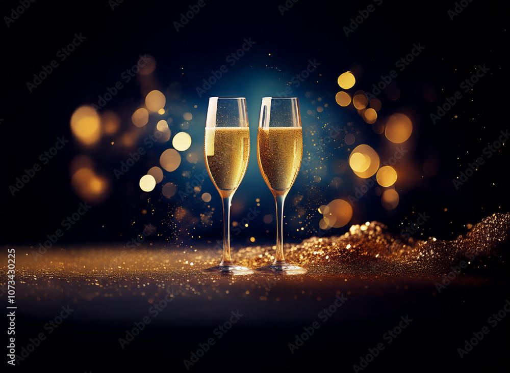 Poster two champagne flutes filled to the brim with bubbly stand on a glittery surface against a dark backg