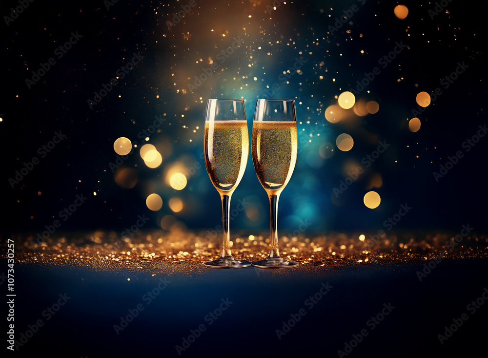 Poster Two champagne flutes filled with sparkling wine stand on a table covered in gold glitter, set against a backdrop of blue and gold bokeh lights.
