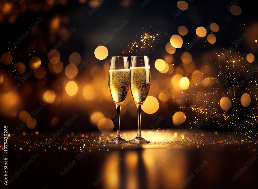 Poster Two champagne flutes filled with sparkling wine sit on a table with a glittering, bokeh background.