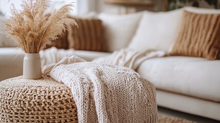A white couch with brown pillows