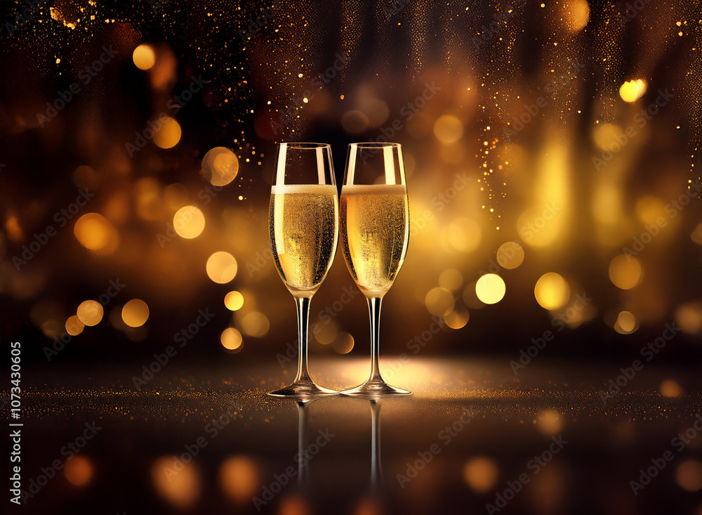 Poster Two champagne flutes filled with sparkling wine stand on a reflective surface with a golden bokeh background.