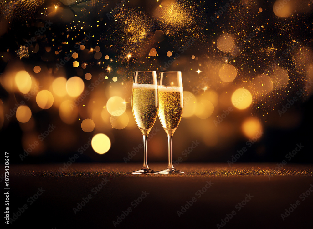 Poster two champagne flutes filled with sparkling wine stand against a dark background with golden bokeh li