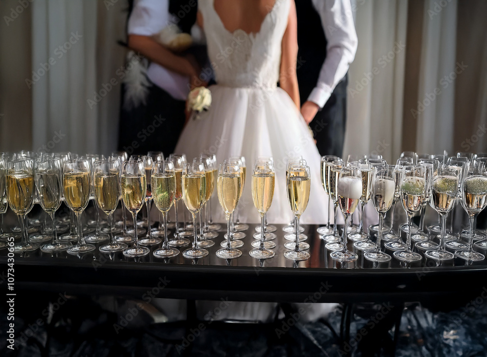 Poster a bride and groom stand in the background, a table in the foreground holds rows of champagne flutes 