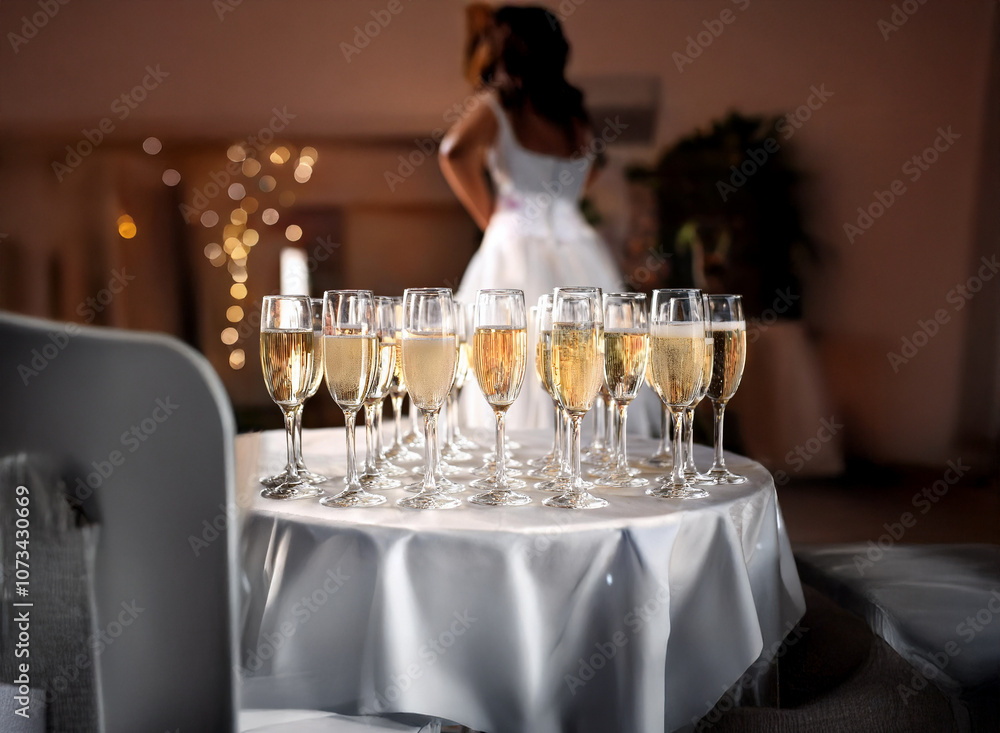 Poster A table with champagne flutes arranged on a white tablecloth in front of a blurred image of a bride.