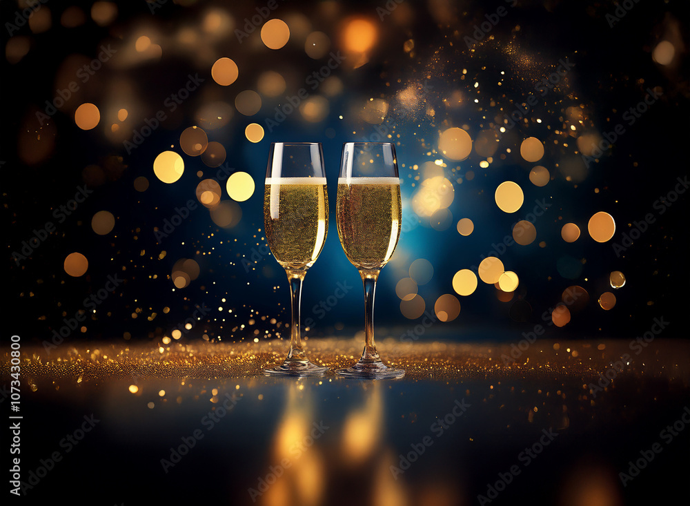 Poster two champagne flutes filled with sparkling wine sit on a table with glittering gold confetti and a d