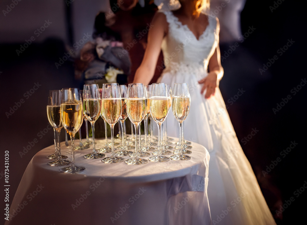 Poster a table with champagne flutes and a bride in the background.