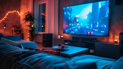 a living room with a large screen tv