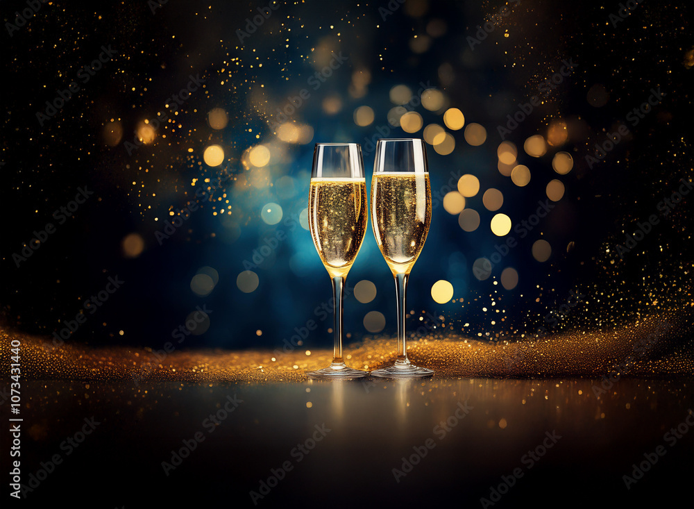 Poster two champagne flutes filled with bubbly stand on a surface covered in gold glitter against a dark bl