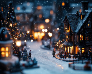 Fototapeta premium Miniature Christmas Village with Glowing Windows