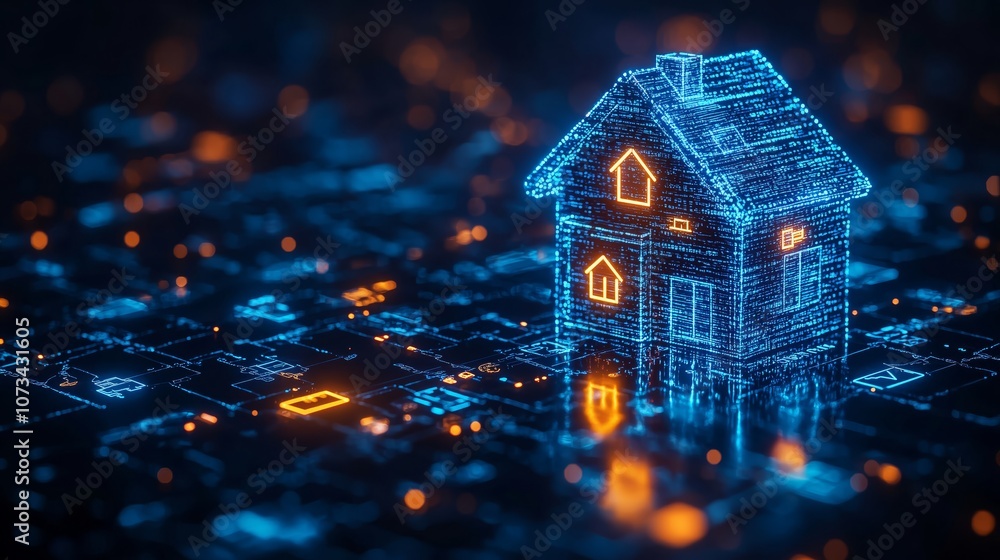 Poster futuristic digital home concept with glowing lines and circuit patterns, representing smart technolo