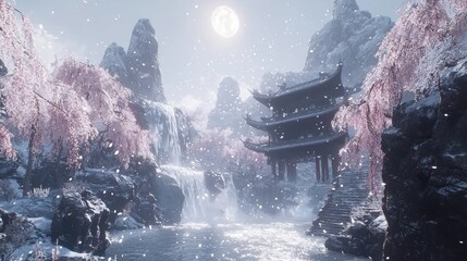Winter's Ethereal Embrace: A Surreal Ancient Chinese Realm