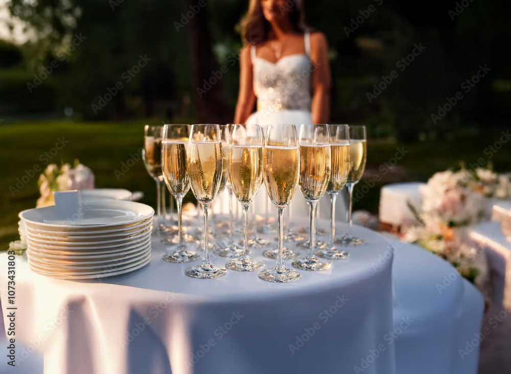 Aufkleber a table with a white tablecloth is set with champagne flutes, and a stack of white plates. a bride s