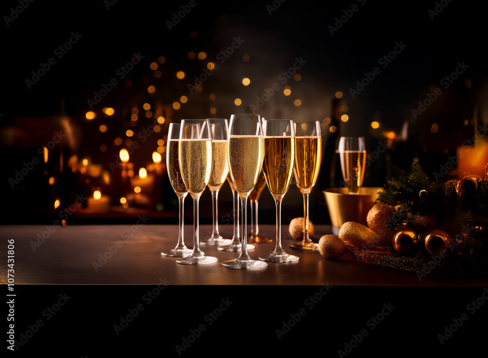 Poster a table set for a celebration with champagne flutes filled with sparkling wine and a blurred backgro