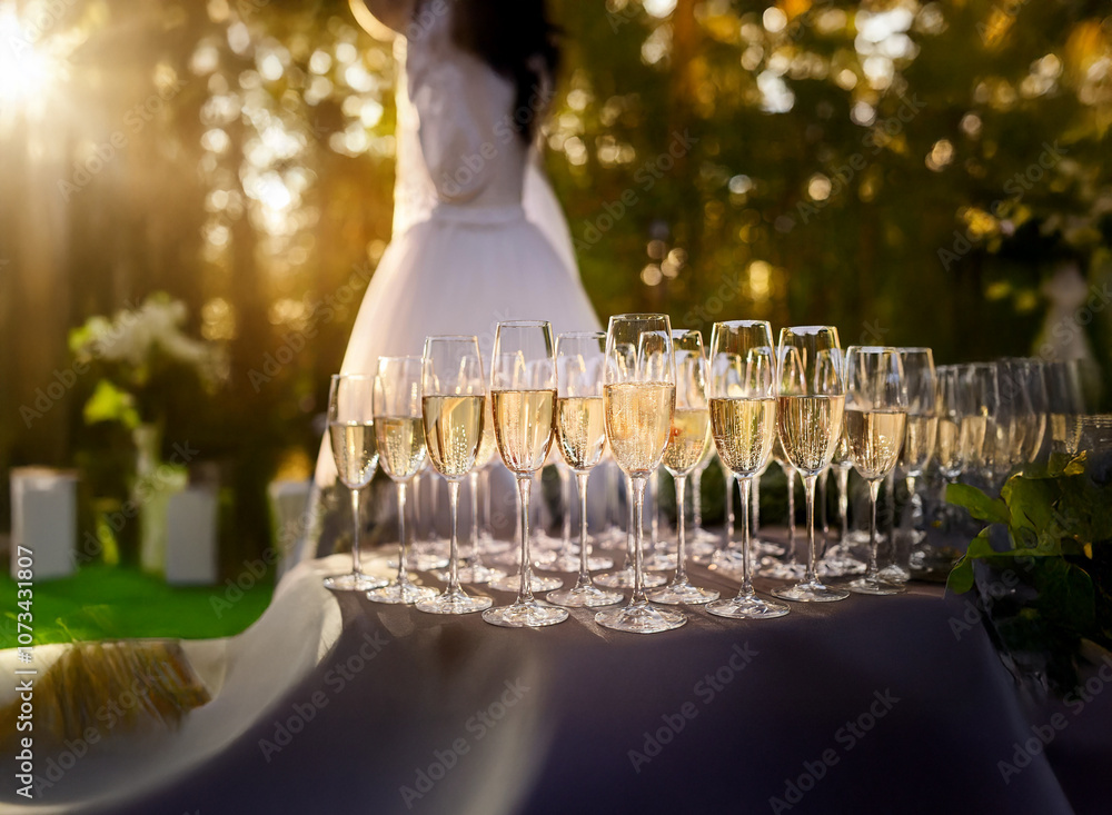 Poster a row of champagne flutes filled with sparkling wine sit on a table, ready for a celebration.