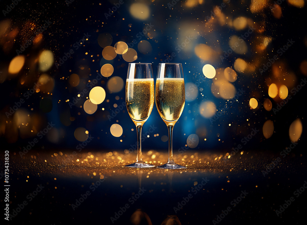 Poster two champagne flutes filled with sparkling wine stand against a dark blue background with golden bok