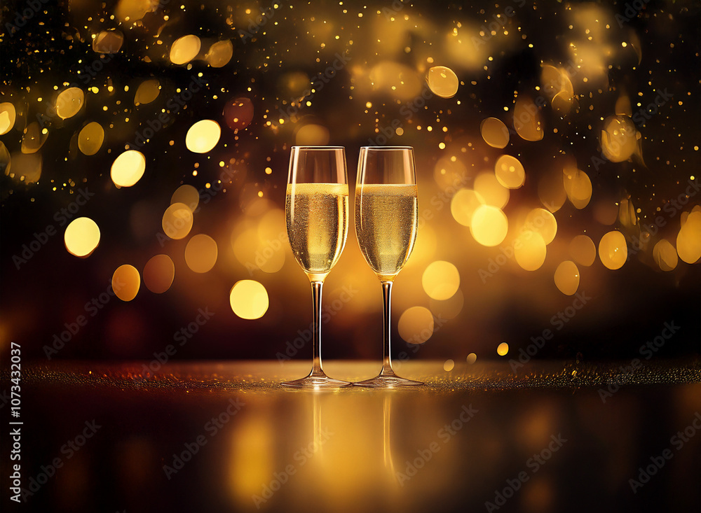 Poster two champagne flutes filled with golden liquid stand on a sparkling surface against a background of 