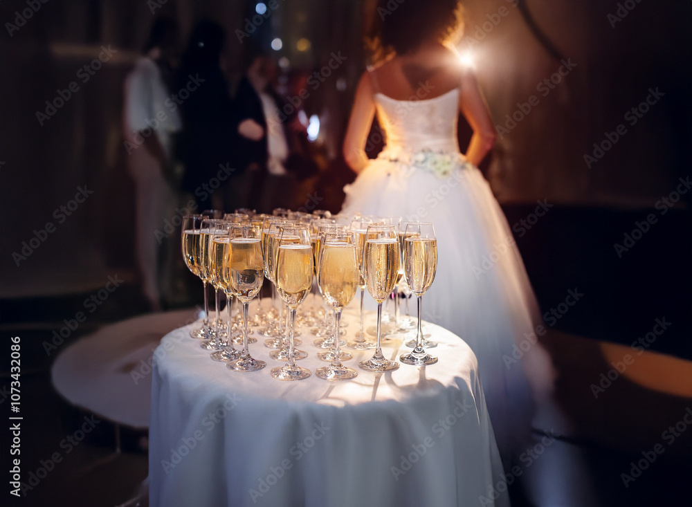 Poster A table with champagne flutes sits in the foreground with a bride in the background.