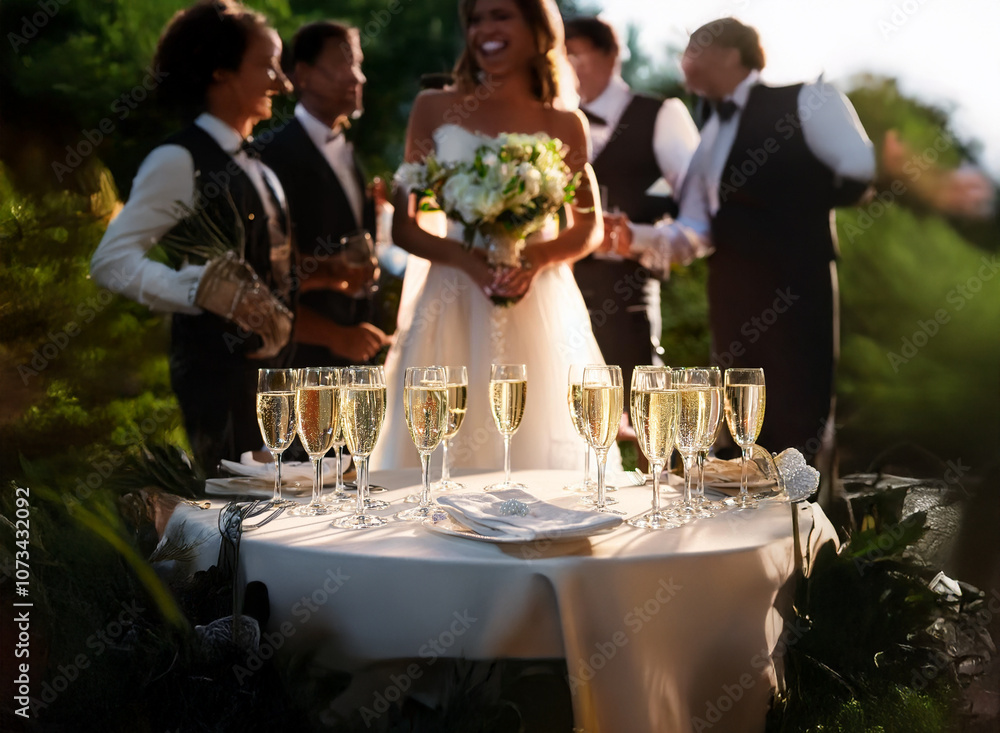 Poster a wedding reception table with champagne flutes arranged on a white tablecloth. the bride and groom 