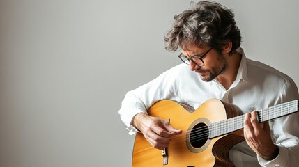 Portrait of musician with guitar, diffused light, studio setting, focused expression