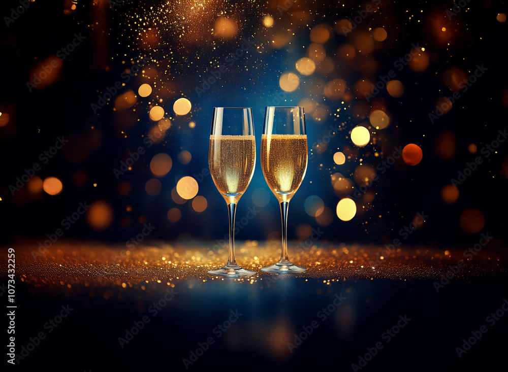 Poster two champagne flutes filled with bubbly stand on a table covered in gold glitter against a dark back
