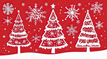 Simple red and white doodle of Christmas trees and snowflakes, drawn in a minimalist, clean-lined style.