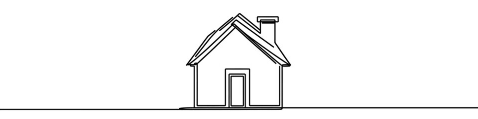 One continuous line illustration of a house, isolated on white background. Line art of house