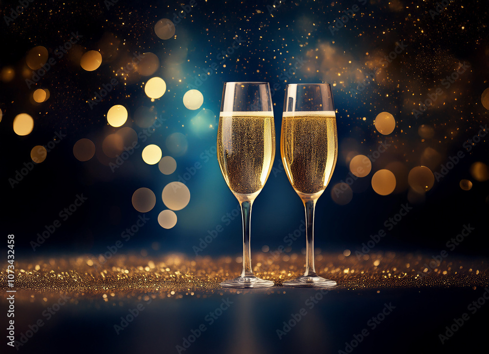 Poster Two champagne flutes filled with sparkling wine on a glittery surface with an out-of-focus background of golden lights.