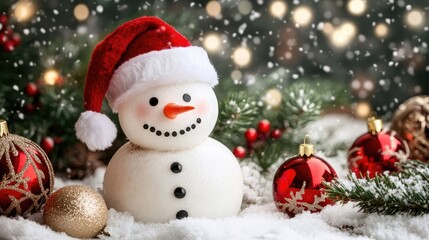 Snowman with a Santa hat, standing in a cold winter scene, with snow-covered trees and festive lights twinkling around. --chaos 25 --ar 16:9 --v 6.1 Job ID: b776e0e2-636c-4061-a50e-97833681fe5b