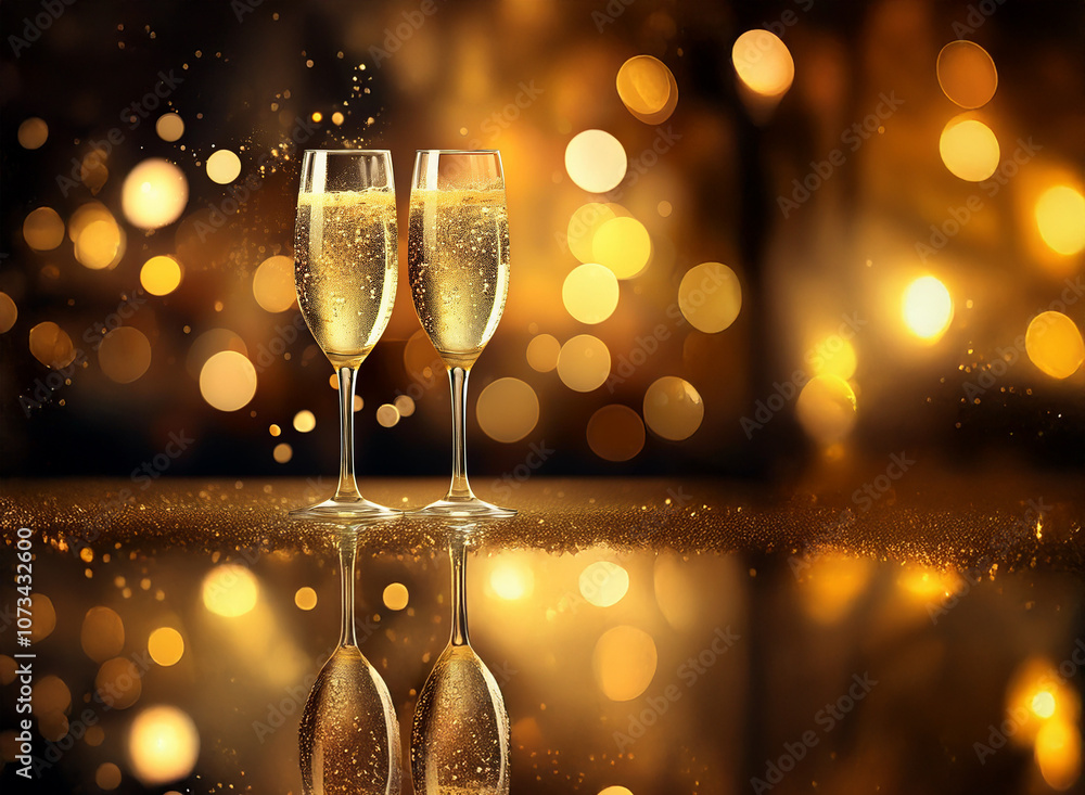 Poster two champagne flutes filled with sparkling wine rest on a reflective surface, illuminated by a warm,