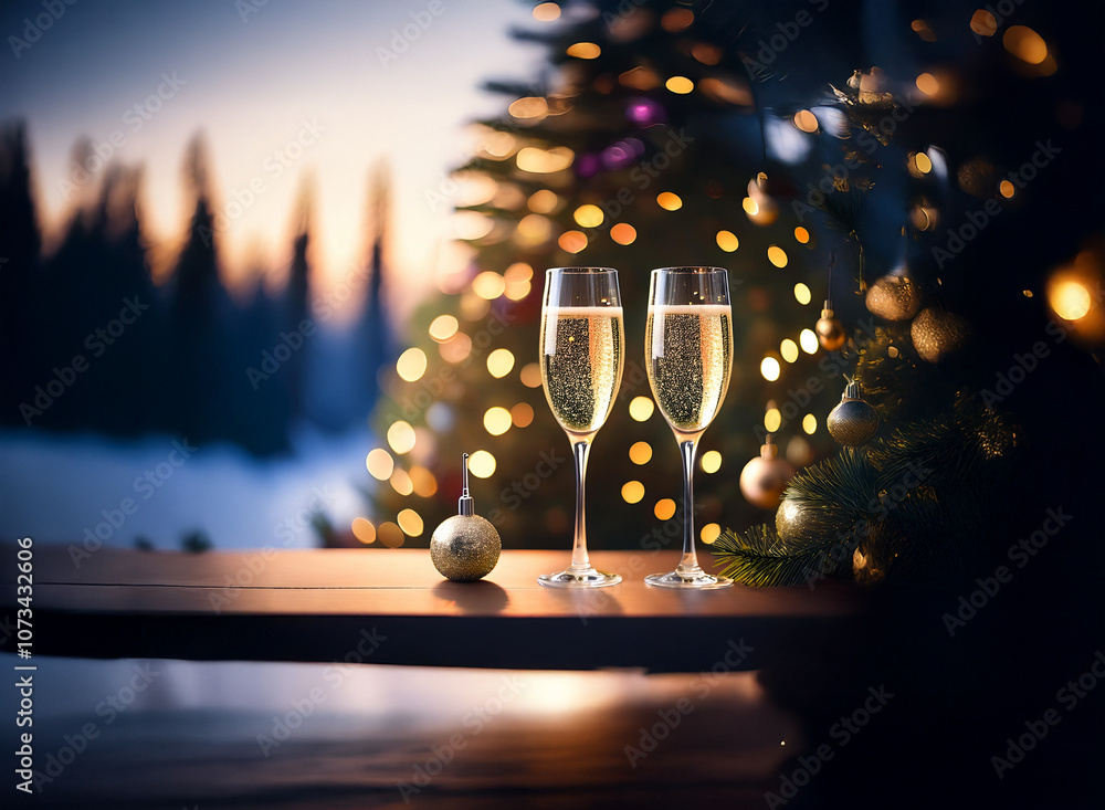 Poster two champagne flutes sit on a wooden table with a christmas tree and golden ornaments in the backgro