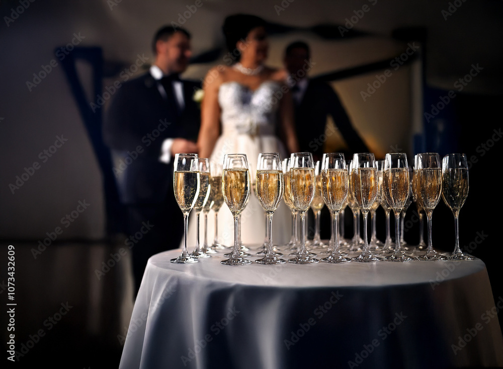 Poster a table full of champagne flutes filled with golden sparkling wine sits in the foreground of an imag