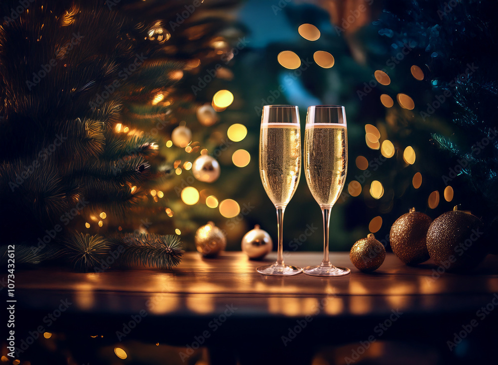 Poster two champagne flutes filled with bubbly sit on a wooden table with a christmas tree and lights in th
