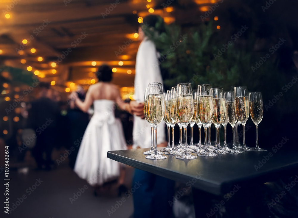 Poster a row of champagne flutes sit on a table at a wedding reception, with a bride and groom dancing in t
