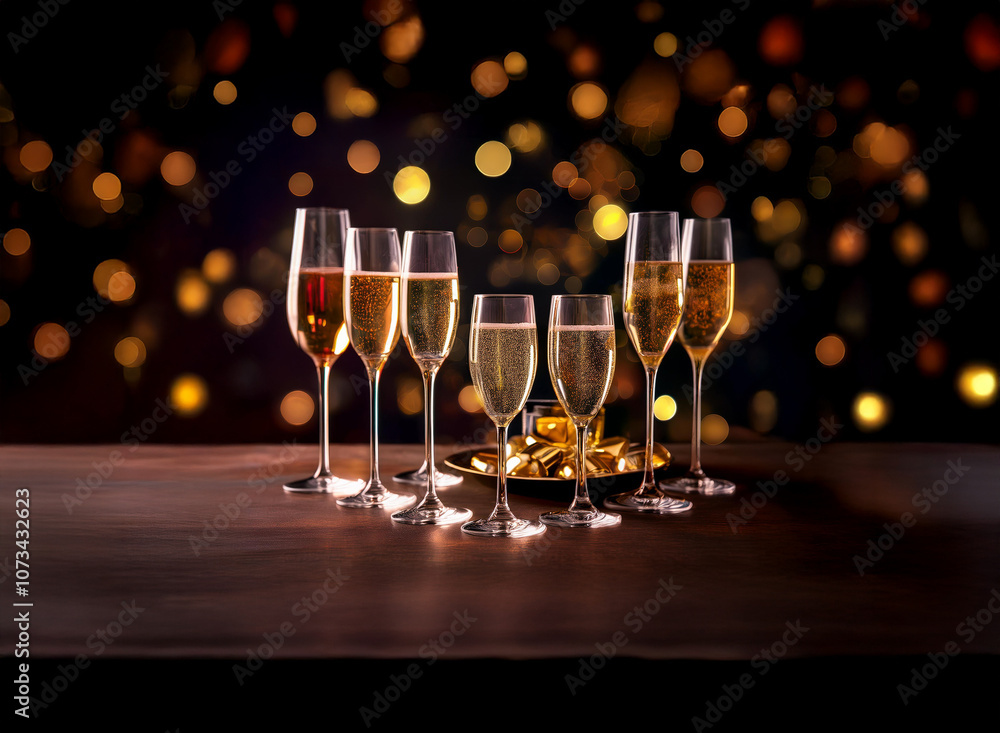 Poster a table set with champagne flutes, a plate of golden snacks, and a bokeh background of warm lights.