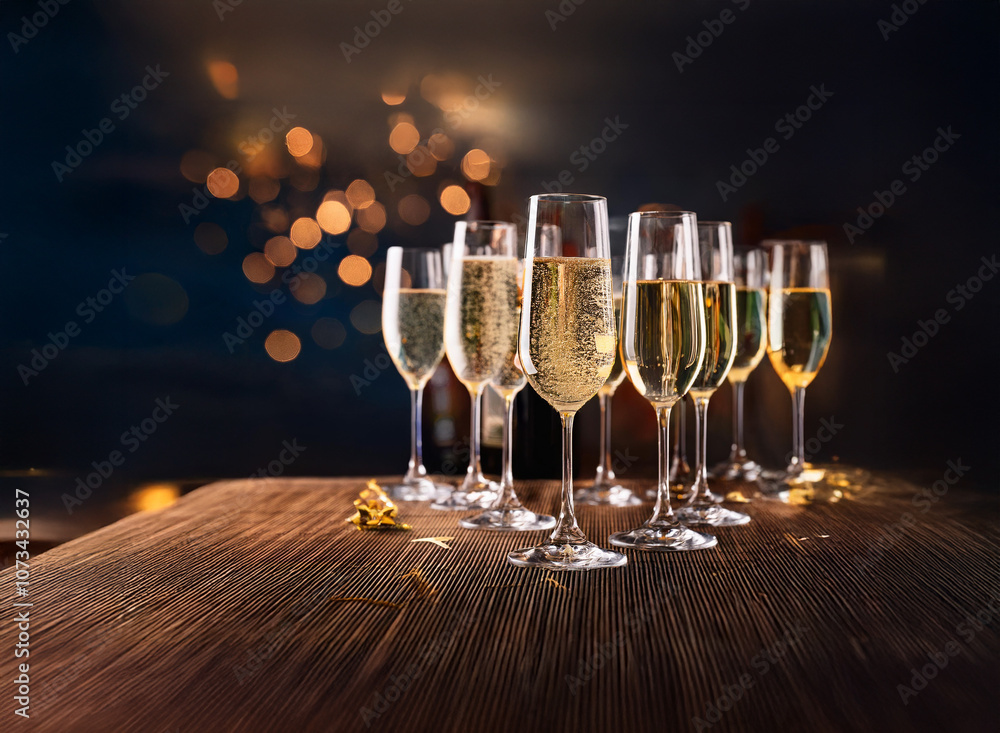 Poster A row of champagne flutes filled with sparkling wine on a wooden table with a bokeh of light in the background.