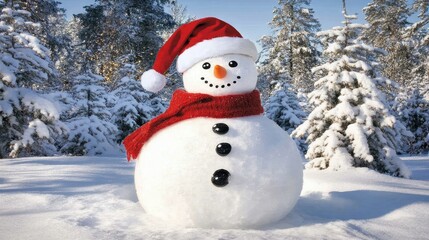 Obraz premium Snowman with a Santa hat, standing in a cold winter scene, with snow-covered trees and festive lights twinkling around. 