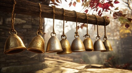 Obraz premium Close-Up of Antique Decorative Bells Hanging from a Wooden Beam Surrounded by Nature, Highlighting Natural Light and Rustic Charm