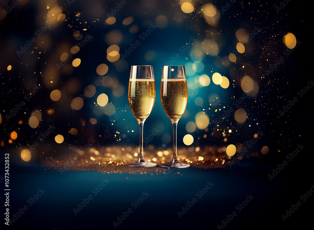 Poster two champagne flutes filled with sparkling wine sit on a dark blue surface with a blurred background
