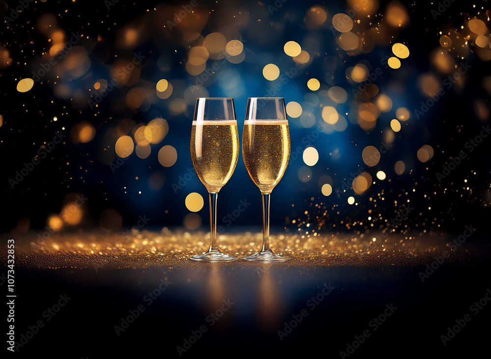 Poster Two champagne flutes with golden sparkling wine and  a background of golden and blue bokeh.