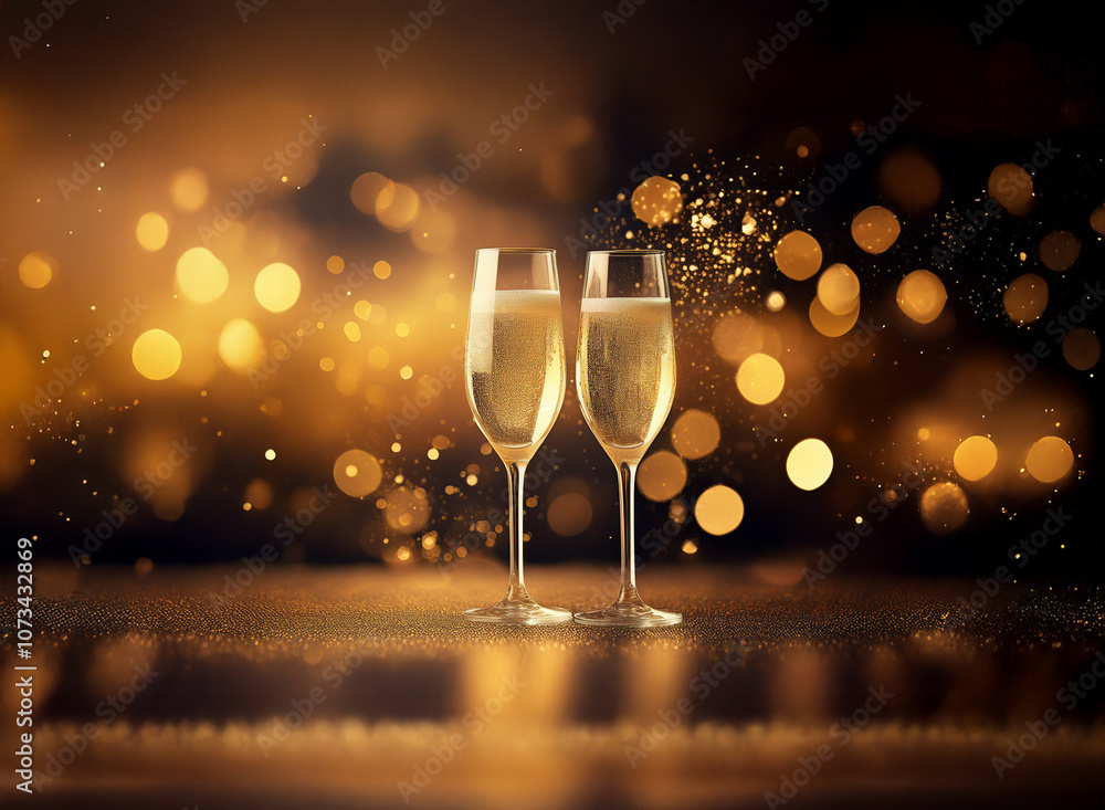 Poster two champagne flutes filled with sparkling wine sit on a dark wood table with golden bokeh lights in