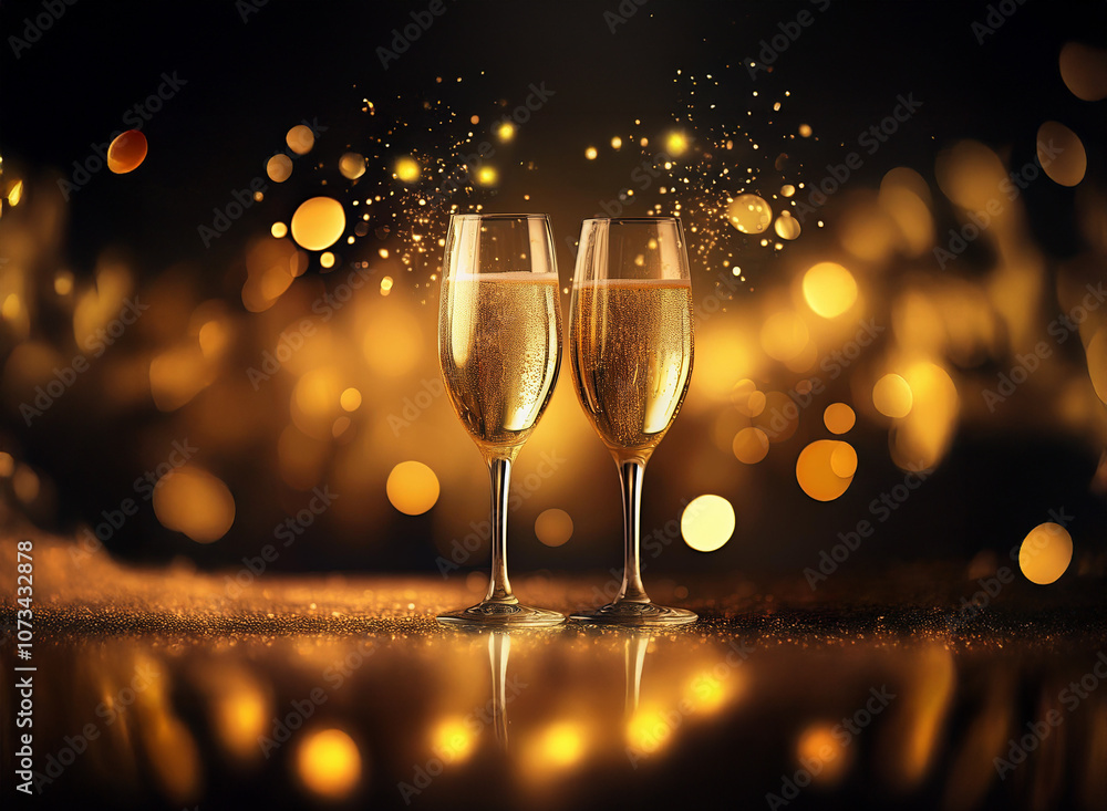 Poster two champagne flutes filled with bubbly stand on a glittery surface with a warm, bokeh background.